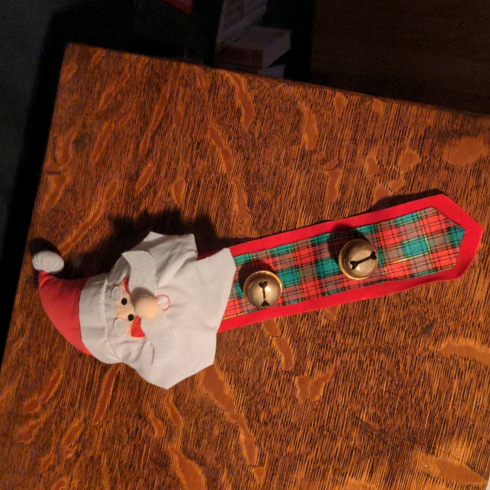 Santa Claus Door Knob Cover With 2 Attached Jingle Bells Red White Green Plaid - Picture 2 of 10